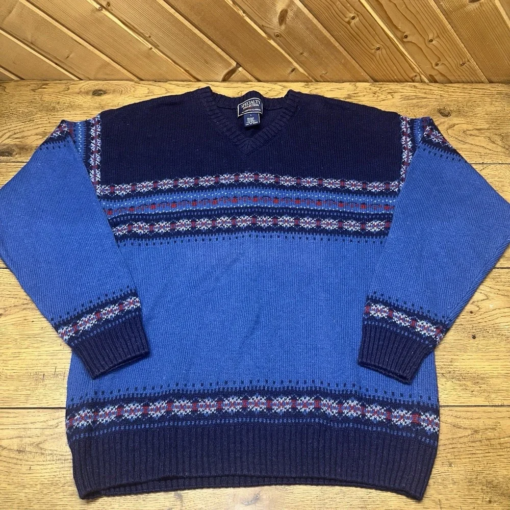 Vintage‎ 80's Specialty Collection Wool Blend Blue Nordic Isle Sweater Men's L